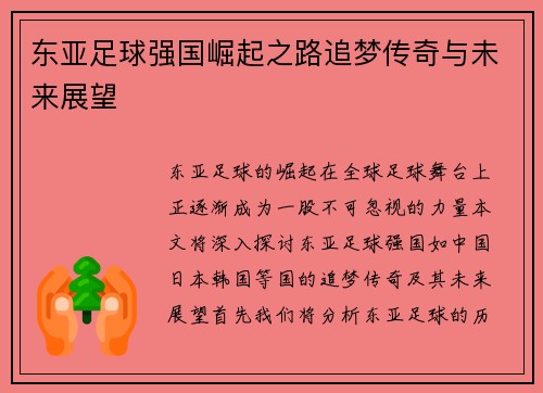 东亚足球强国崛起之路追梦传奇与未来展望