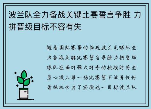 波兰队全力备战关键比赛誓言争胜 力拼晋级目标不容有失