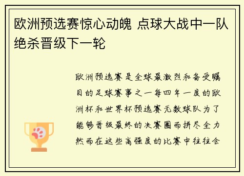 欧洲预选赛惊心动魄 点球大战中一队绝杀晋级下一轮