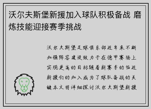 沃尔夫斯堡新援加入球队积极备战 磨炼技能迎接赛季挑战