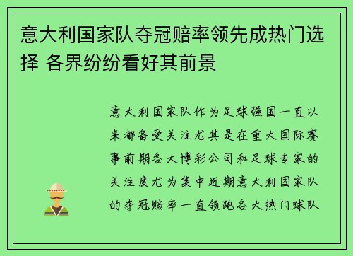 意大利国家队夺冠赔率领先成热门选择 各界纷纷看好其前景