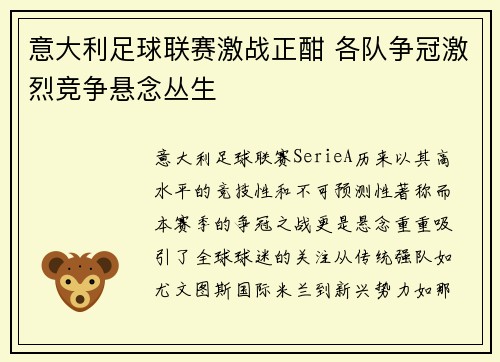 意大利足球联赛激战正酣 各队争冠激烈竞争悬念丛生