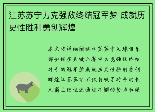 江苏苏宁力克强敌终结冠军梦 成就历史性胜利勇创辉煌