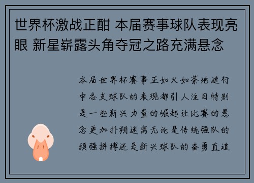 世界杯激战正酣 本届赛事球队表现亮眼 新星崭露头角夺冠之路充满悬念
