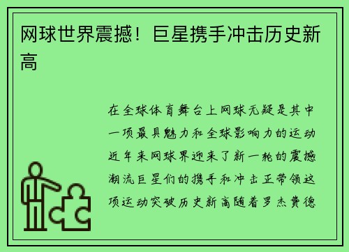 网球世界震撼！巨星携手冲击历史新高